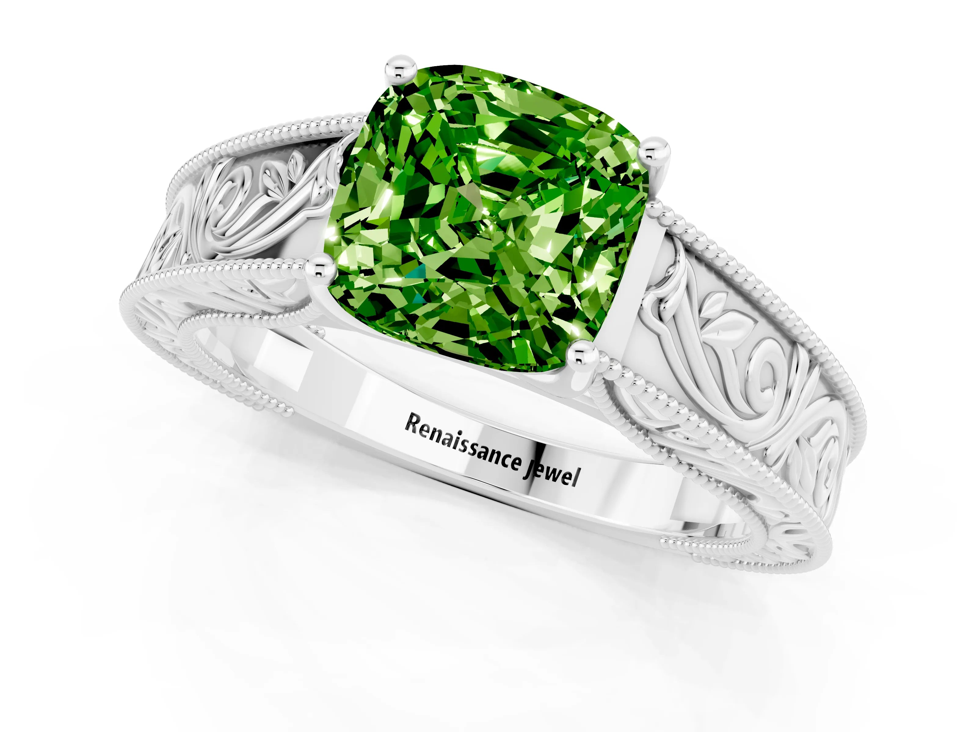 White gold Cushion Cut Peridot Solitaire Ring with Engraved Band and Four-Prong Setting_1