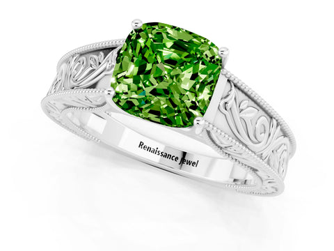 White gold Cushion Cut Peridot Solitaire Ring with Engraved Band and Four-Prong Setting_1