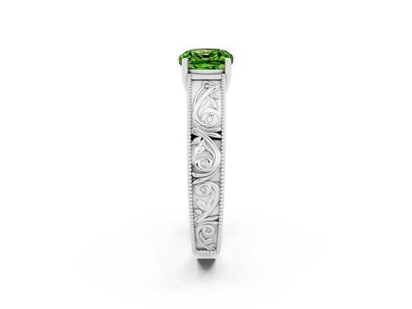 Platinum Cushion Cut Peridot Solitaire Ring with Engraved Band and Four-Prong Setting