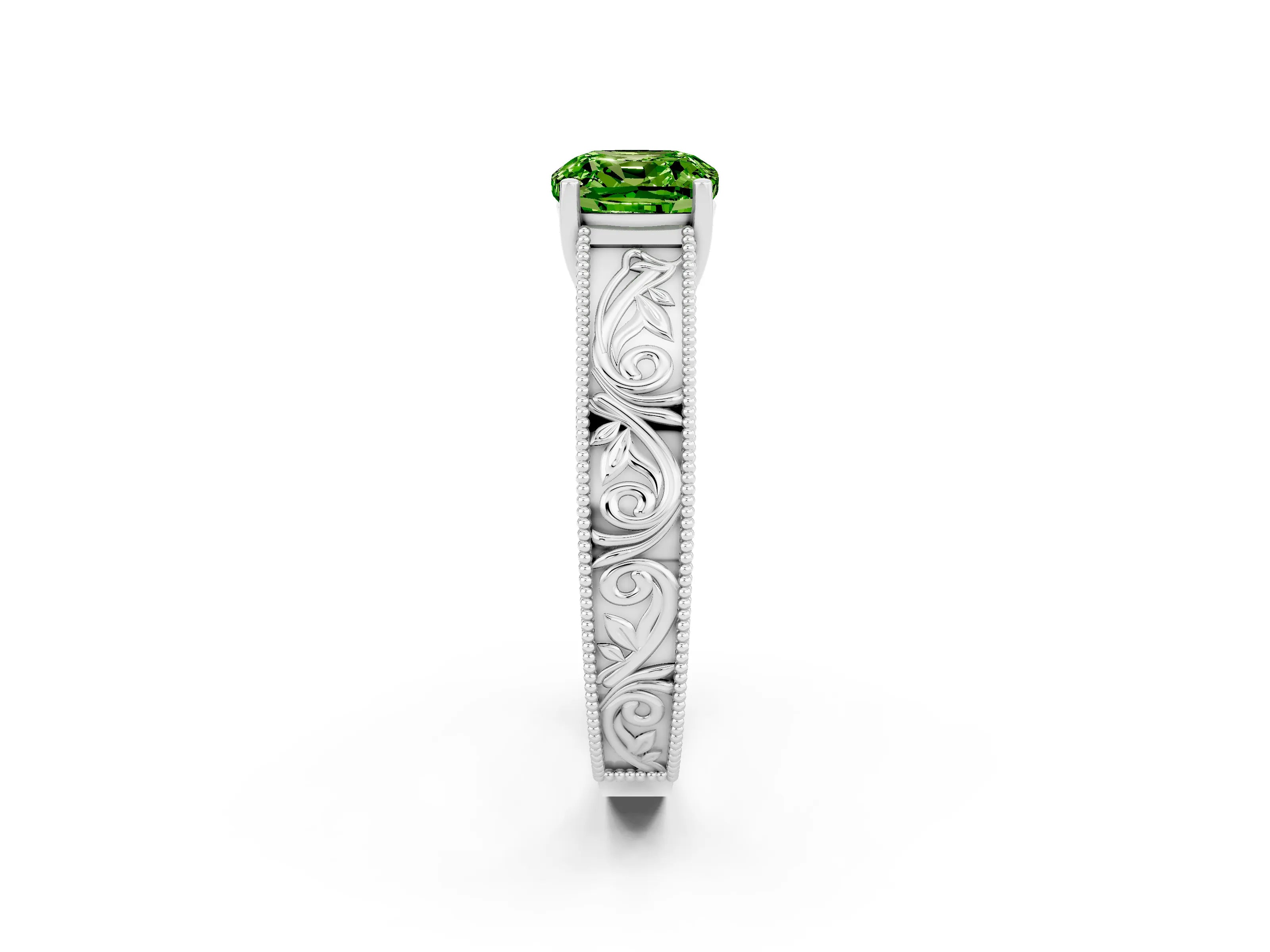 White gold Cushion Cut Peridot Solitaire Ring with Engraved Band and Four-Prong Setting_2