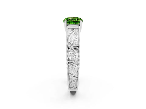 White gold Cushion Cut Peridot Solitaire Ring with Engraved Band and Four-Prong Setting_2
