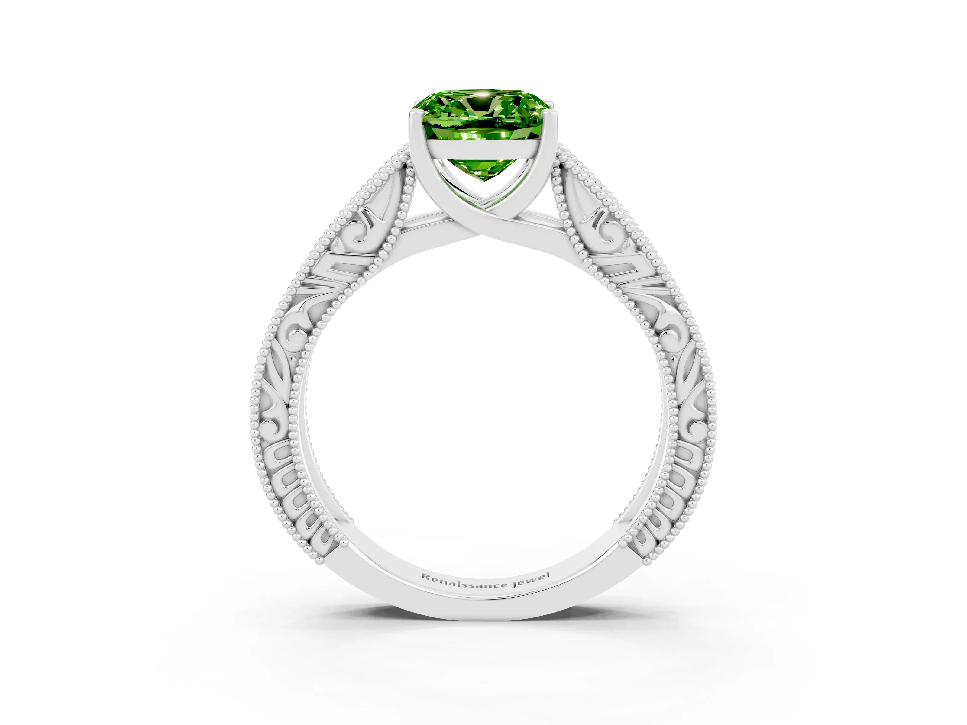 White gold Cushion Cut Peridot Solitaire Ring with Engraved Band and Four-Prong Setting_3