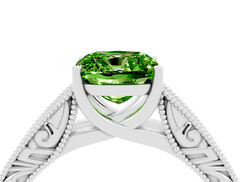 White gold Cushion Cut Peridot Solitaire Ring with Engraved Band and Four-Prong Setting_4