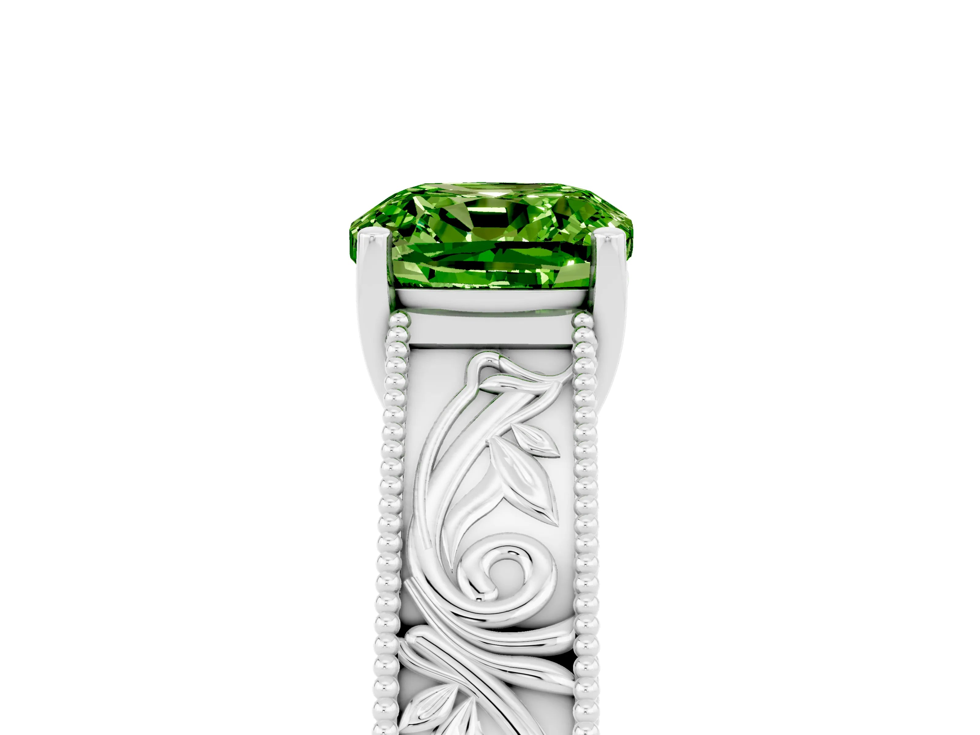 White gold Cushion Cut Peridot Solitaire Ring with Engraved Band and Four-Prong Setting_5