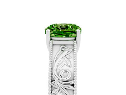 White gold Cushion Cut Peridot Solitaire Ring with Engraved Band and Four-Prong Setting_5