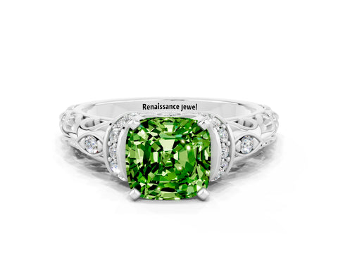 White gold Cushion Cut Peridot Solitaire Ring with Filigree Band and Four-Prong Setting_24