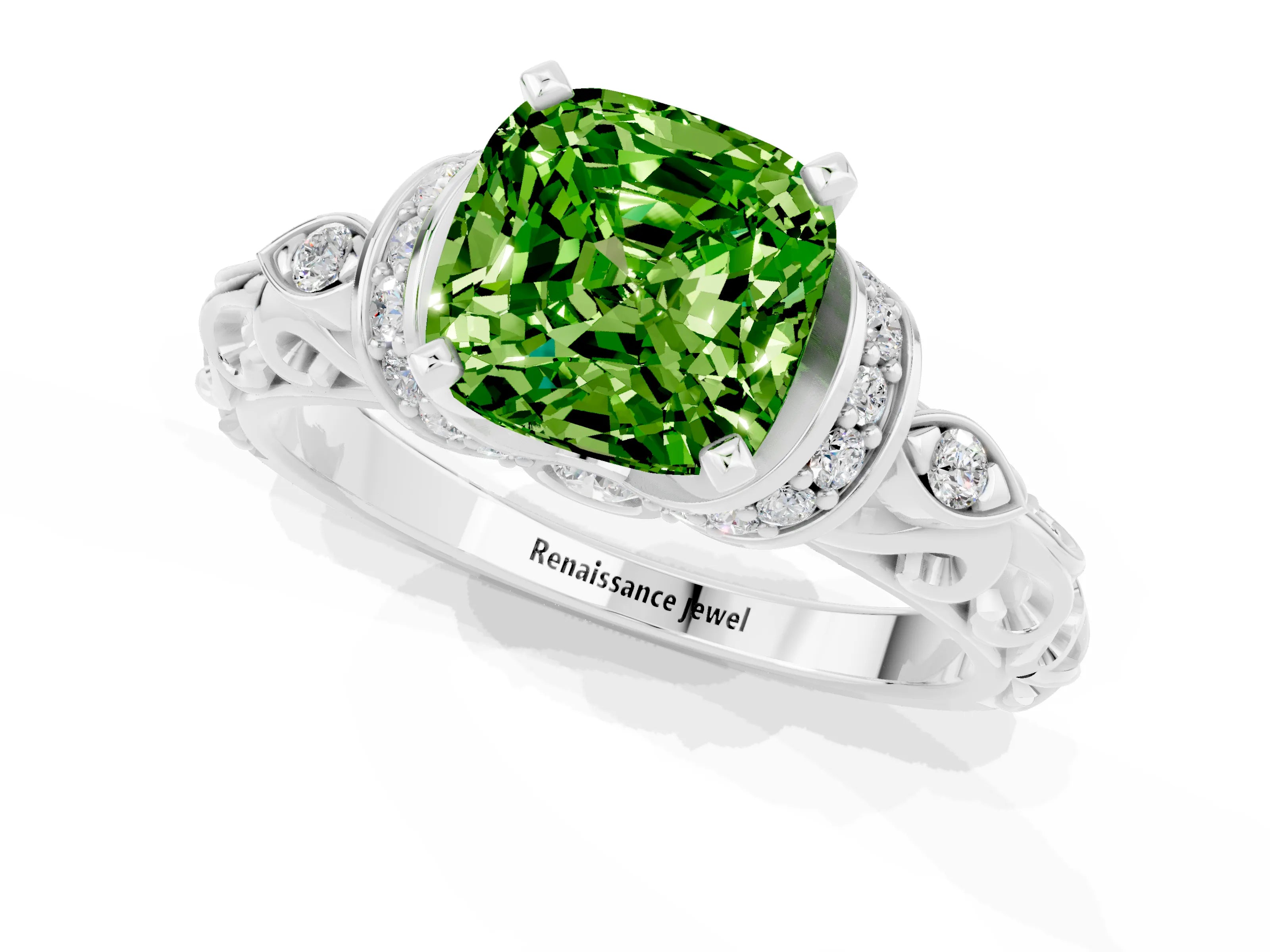 White gold Cushion Cut Peridot Solitaire Ring with Filigree Band and Four-Prong Setting_25