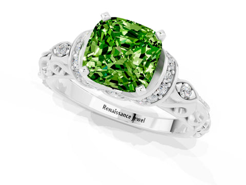White gold Cushion Cut Peridot Solitaire Ring with Filigree Band and Four-Prong Setting_25