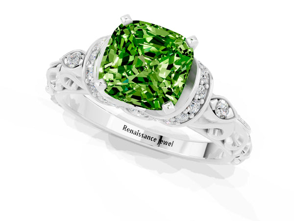 Silver Cushion Cut Peridot Solitaire Ring with Filigree Band and Four-Prong Setting