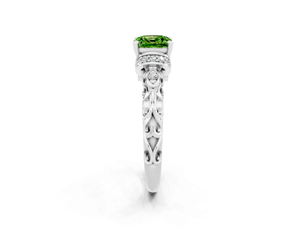 Platinum Cushion Cut Peridot Solitaire Ring with Filigree Band and Four-Prong Setting