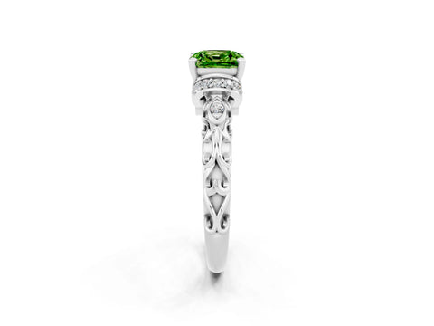 White gold Cushion Cut Peridot Solitaire Ring with Filigree Band and Four-Prong Setting_26