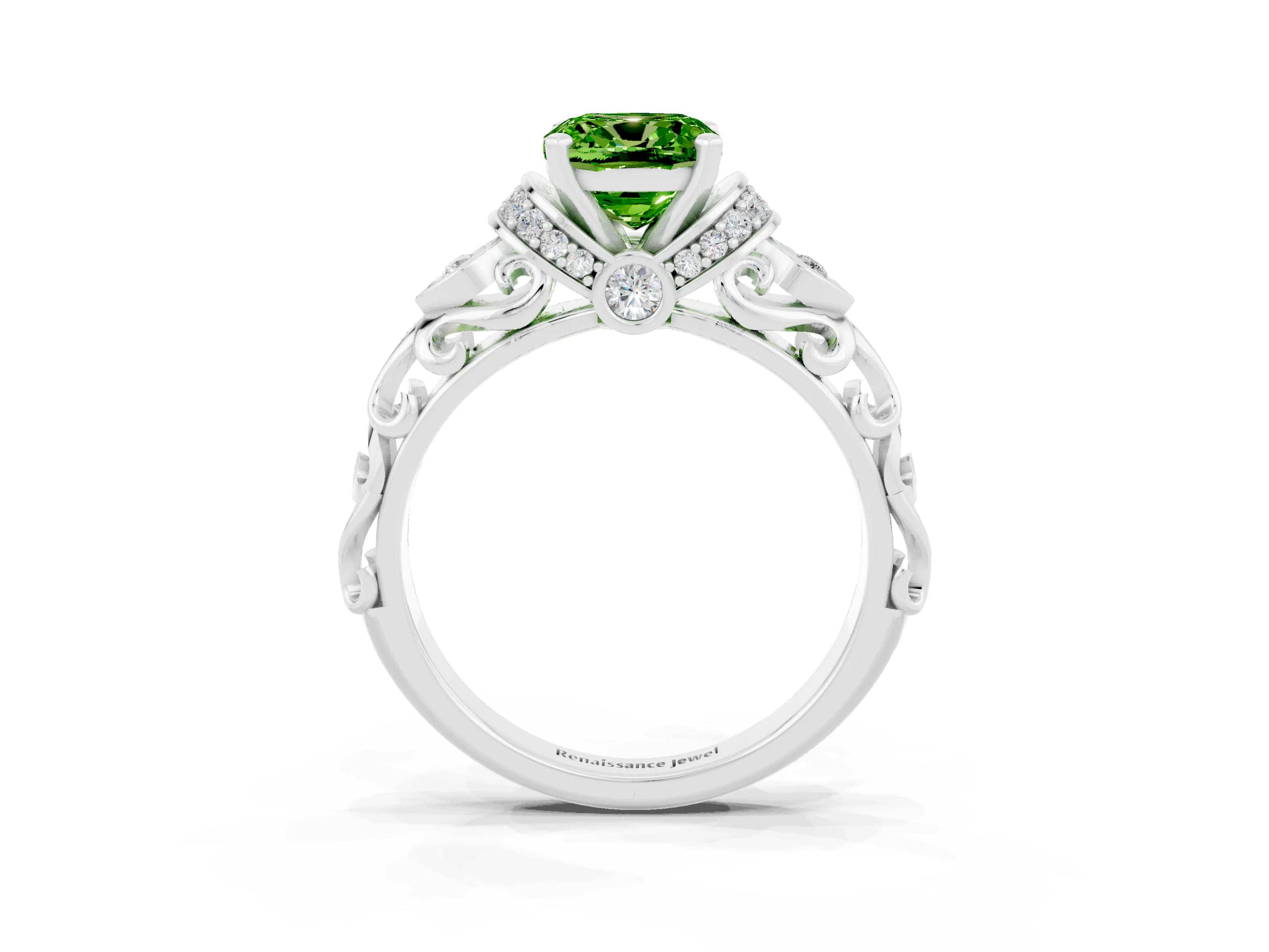 White gold Cushion Cut Peridot Solitaire Ring with Filigree Band and Four-Prong Setting_27