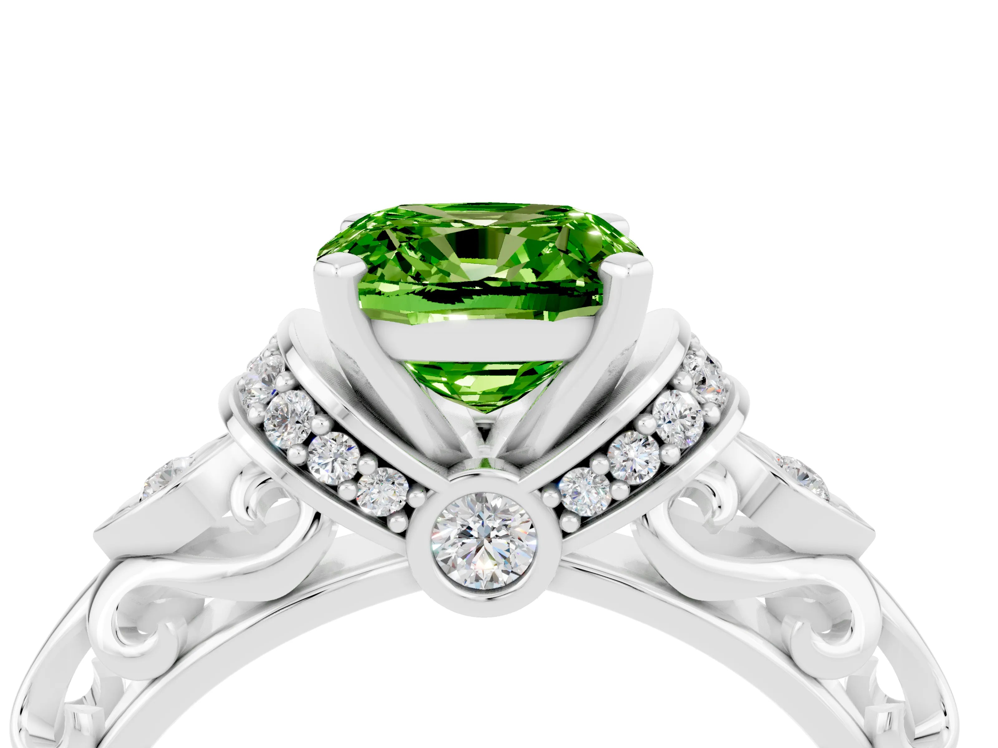 White gold Cushion Cut Peridot Solitaire Ring with Filigree Band and Four-Prong Setting_28