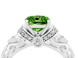 White gold Cushion Cut Peridot Solitaire Ring with Filigree Band and Four-Prong Setting_28