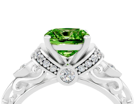 White gold Cushion Cut Peridot Solitaire Ring with Filigree Band and Four-Prong Setting_28