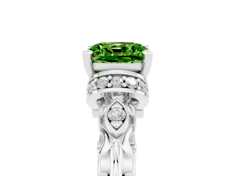 White gold Cushion Cut Peridot Solitaire Ring with Filigree Band and Four-Prong Setting_29