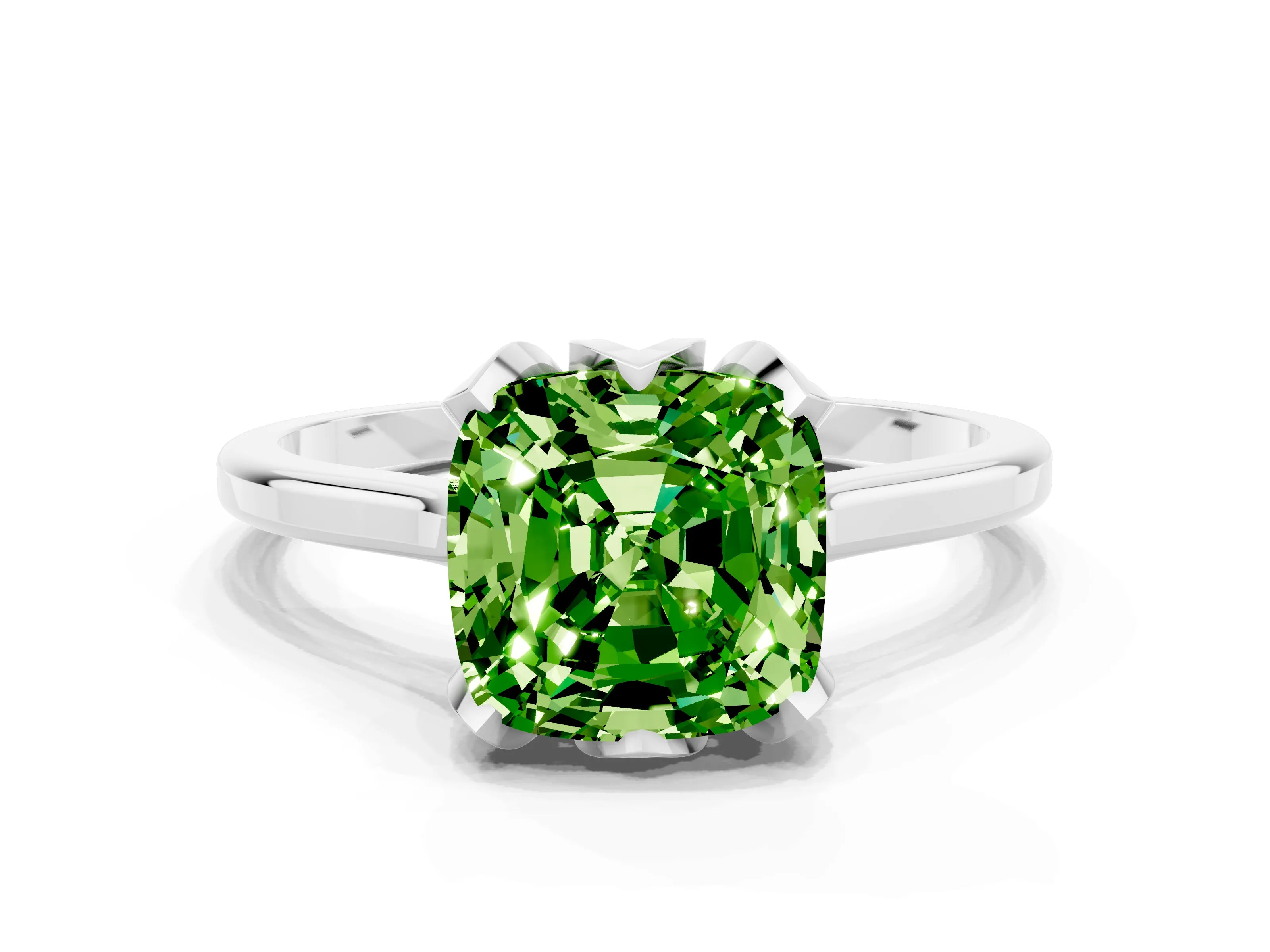 White gold Cushion Cut Peridot Solitaire Ring with Flower Prong Setting and Classic Band_12
