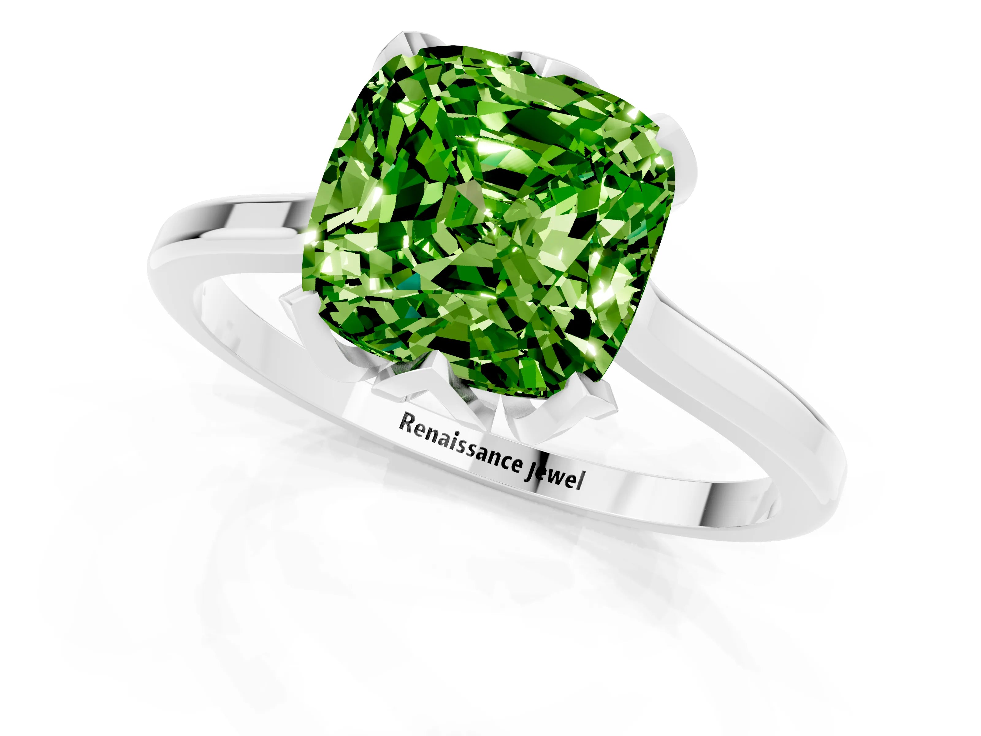 White gold Cushion Cut Peridot Solitaire Ring with Flower Prong Setting and Classic Band_13