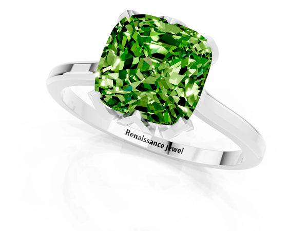 White gold Cushion Cut Peridot Solitaire Ring with Flower Prong Setting and Classic Band