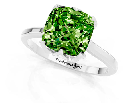 White gold Cushion Cut Peridot Solitaire Ring with Flower Prong Setting and Classic Band_13