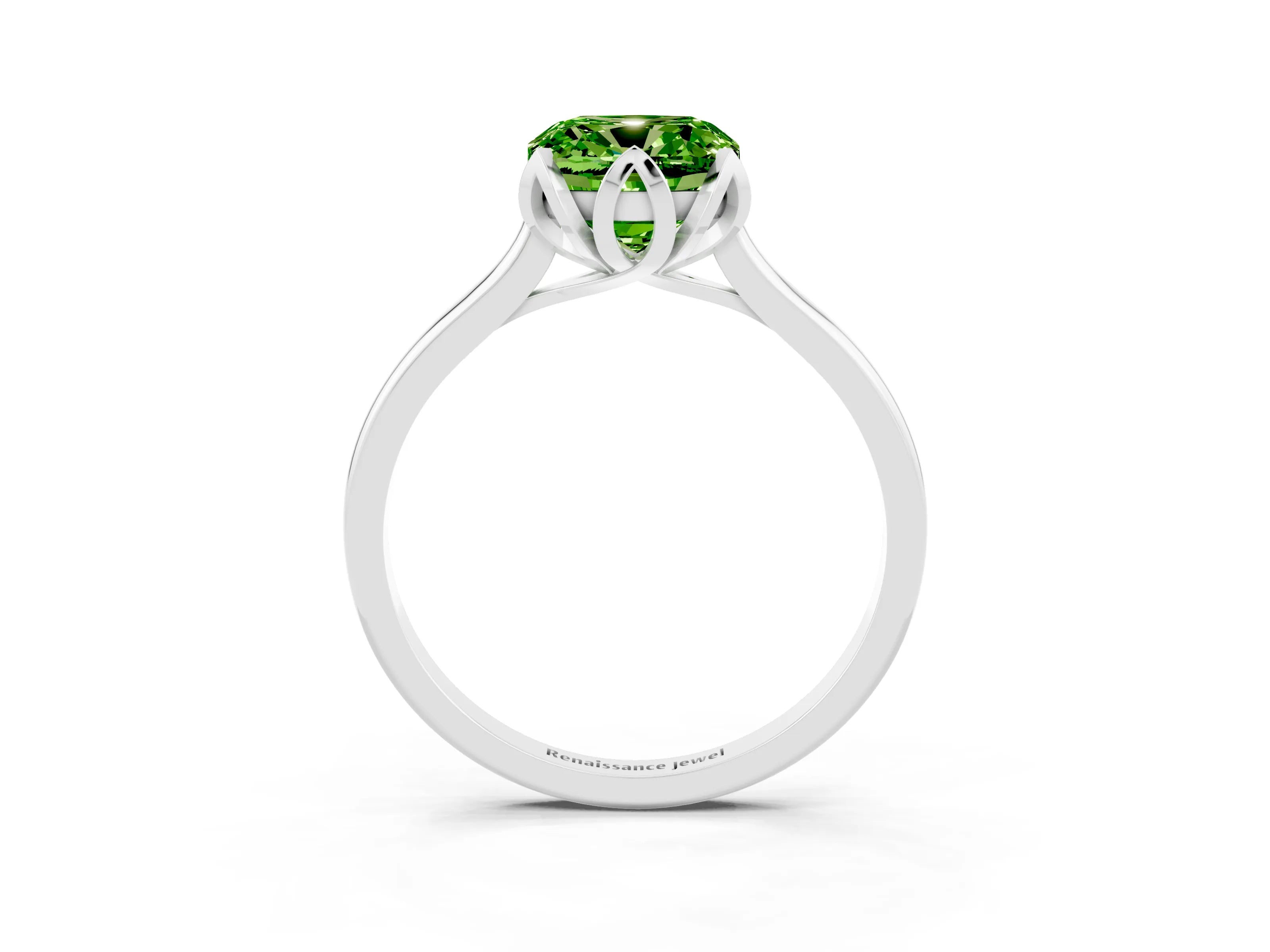 White gold Cushion Cut Peridot Solitaire Ring with Flower Prong Setting and Classic Band_15