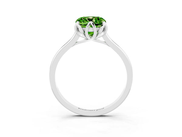 Platinum Cushion Cut Peridot Solitaire Ring with Flower Prong Setting and Classic Band