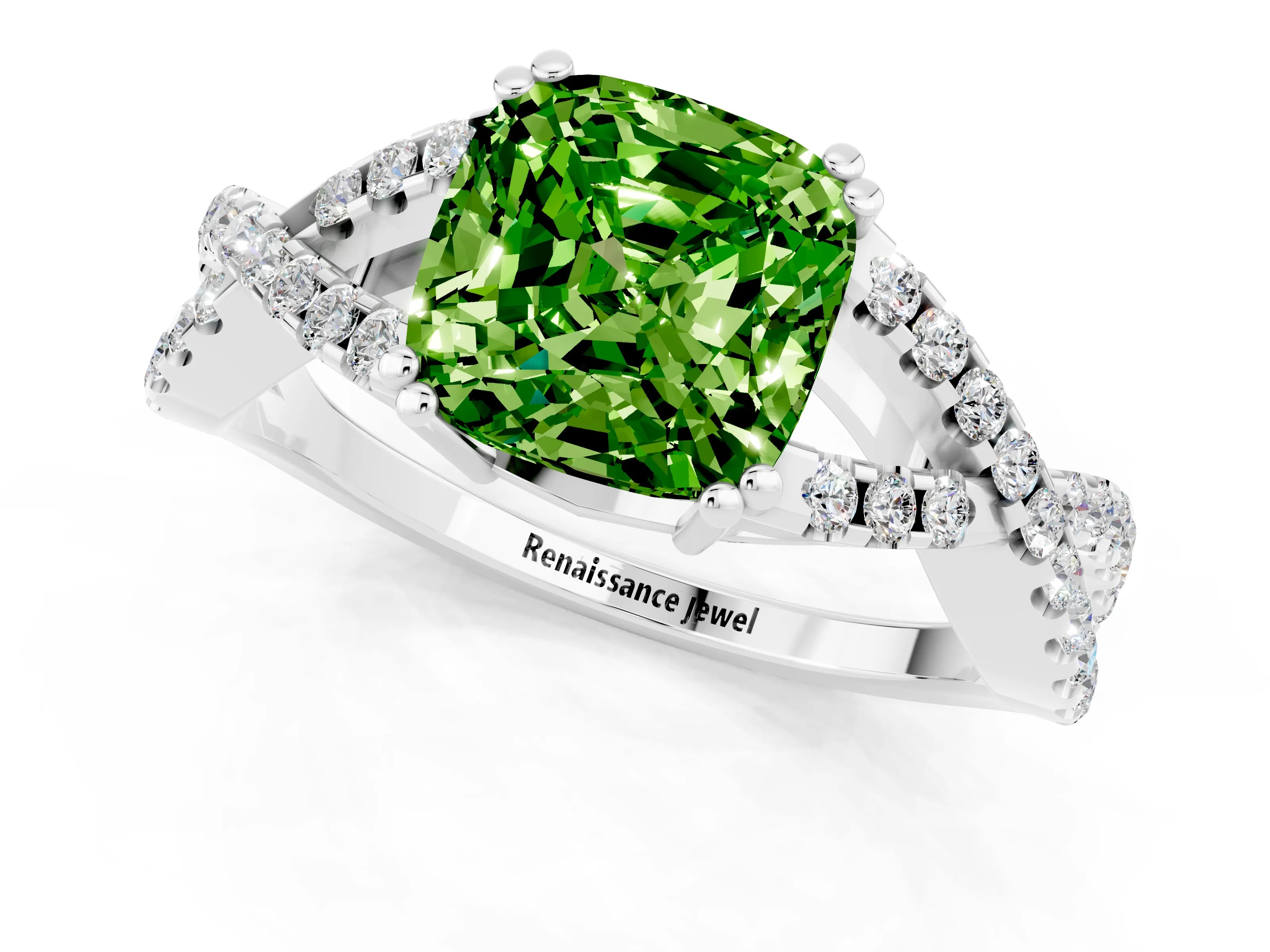 White gold Cushion Cut Peridot Solitaire Ring with Four-Prong Setting and Twisted Pavé Band_1