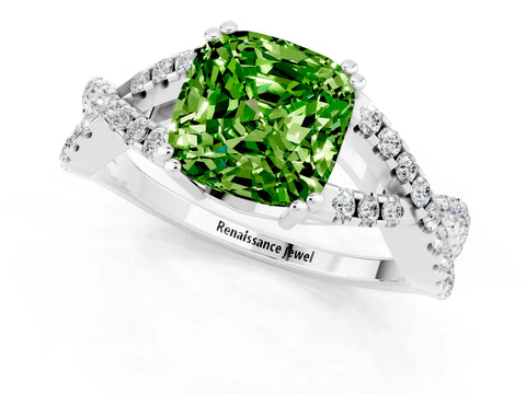 White gold Cushion Cut Peridot Solitaire Ring with Four-Prong Setting and Twisted Pavé Band_1