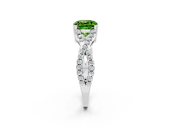 Platinum Cushion Cut Peridot Solitaire Ring with Four-Prong Setting and Twisted Pavé Band