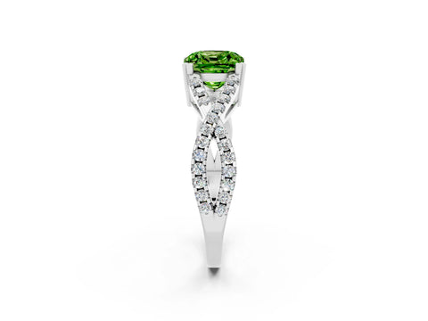 White gold Cushion Cut Peridot Solitaire Ring with Four-Prong Setting and Twisted Pavé Band_2