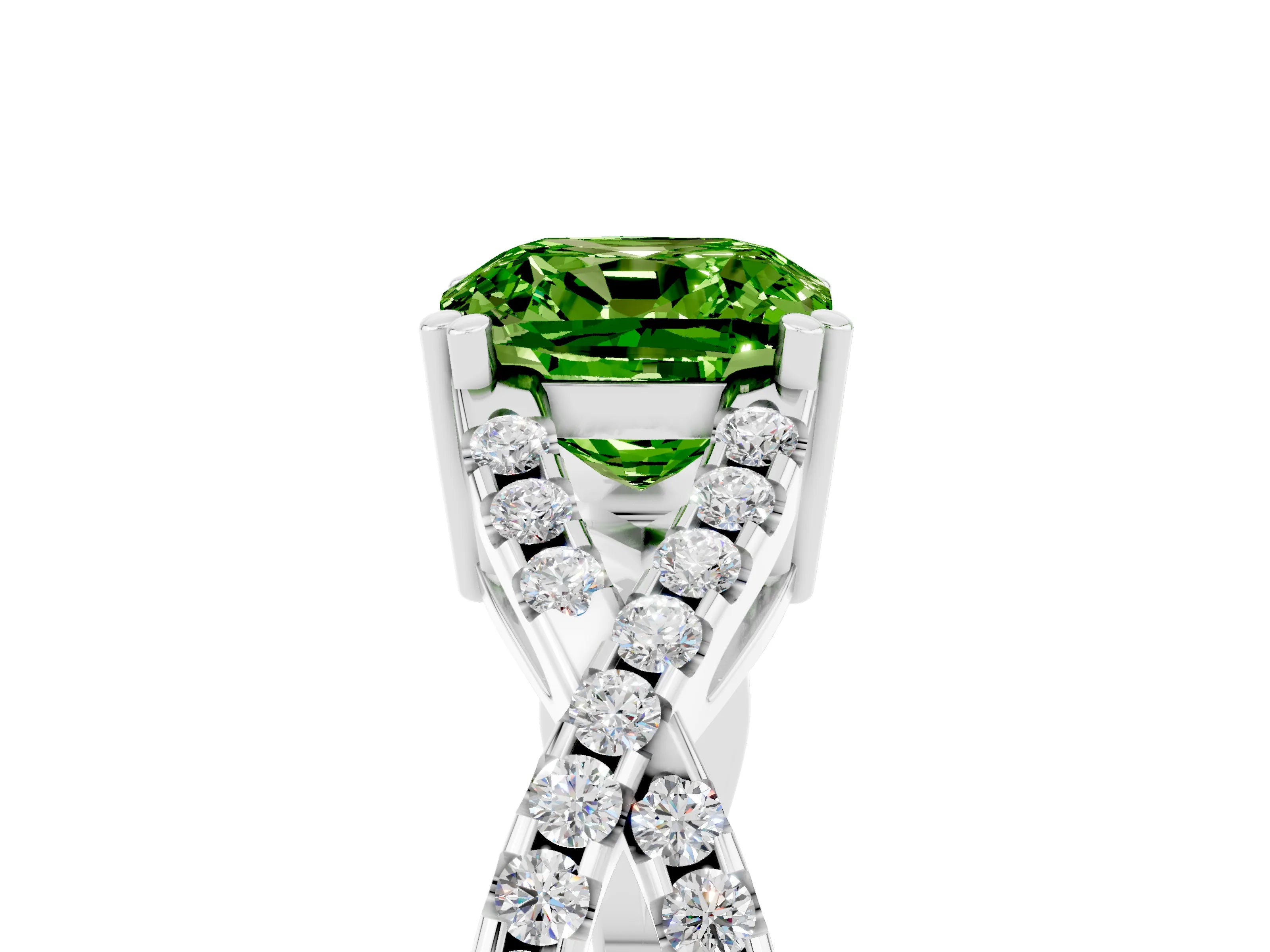 White gold Cushion Cut Peridot Solitaire Ring with Four-Prong Setting and Twisted Pavé Band_5
