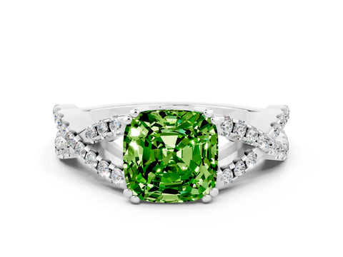 White gold Cushion Cut Peridot Solitaire Ring with Four-Prong Setting and Twisted Pavé Band
