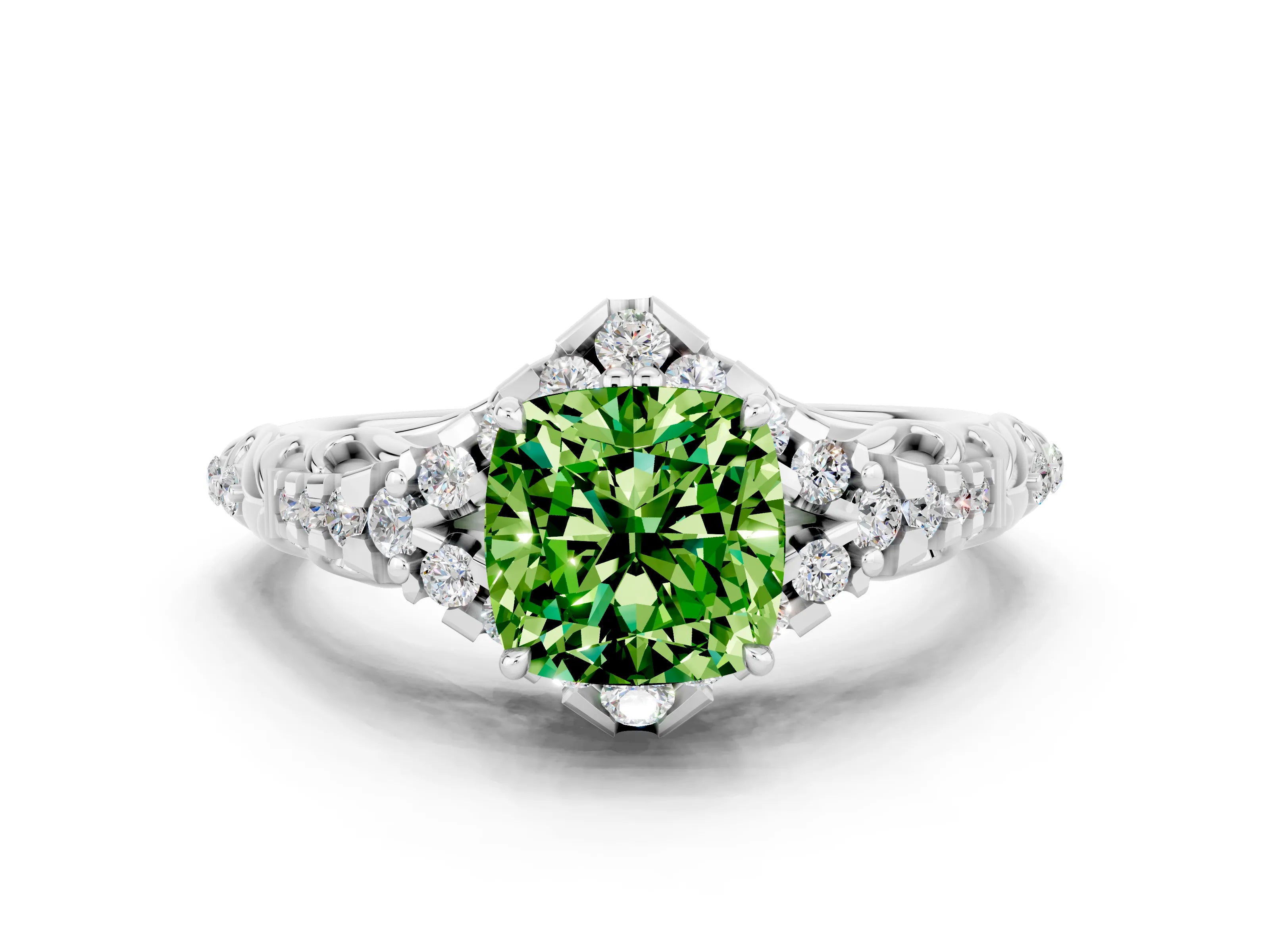 White gold Cushion Cut Peridot Solitaire Ring with Hidden Halo and Pavé Band_12