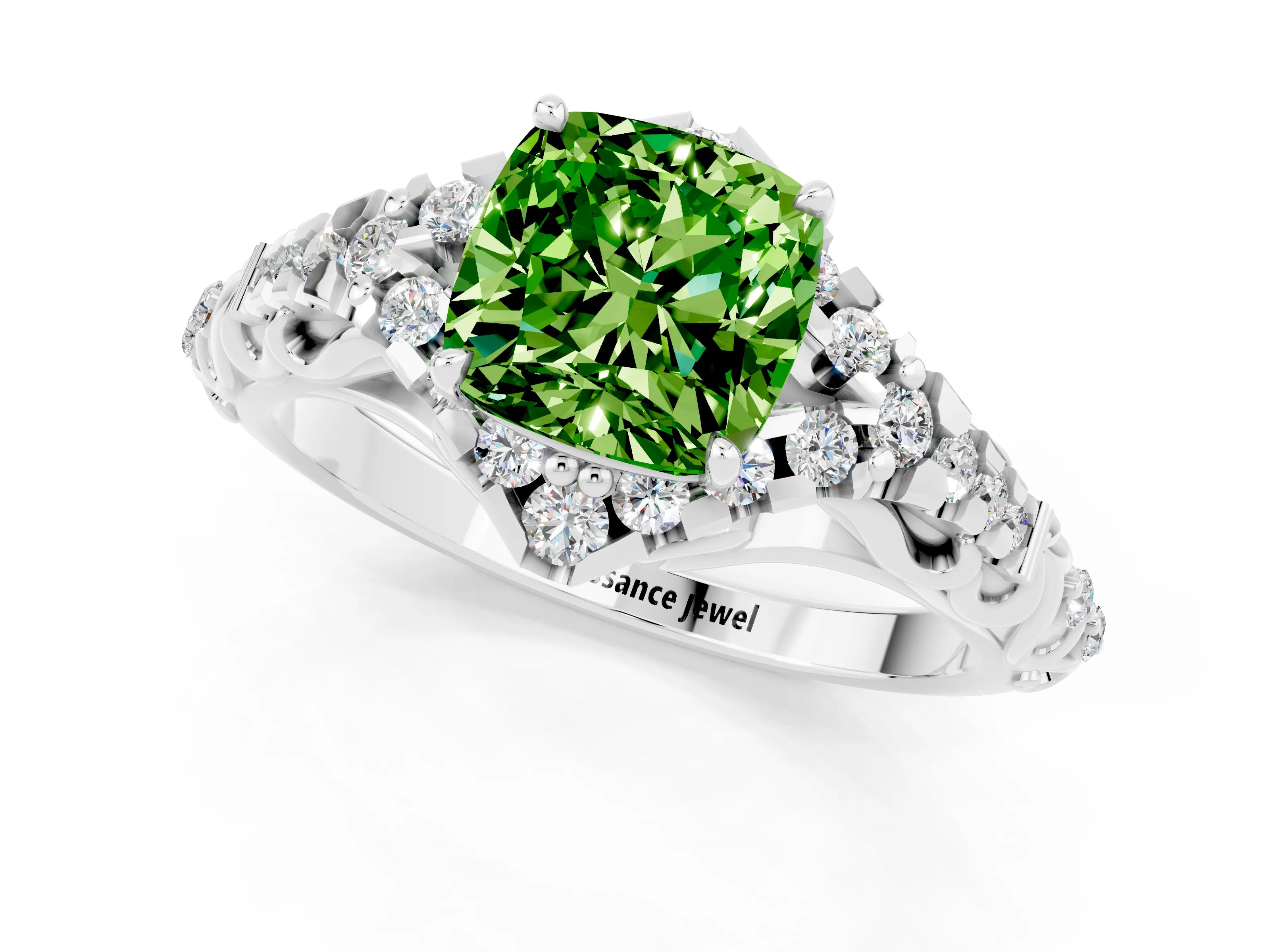 White gold Cushion Cut Peridot Solitaire Ring with Hidden Halo and Pavé Band_13