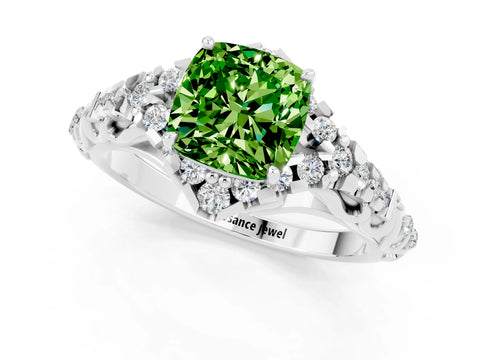 White gold Cushion Cut Peridot Solitaire Ring with Hidden Halo and Pavé Band_13