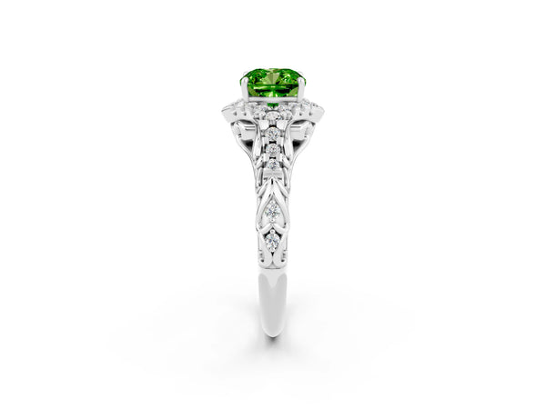 Silver Cushion Cut Peridot Solitaire Ring with Hidden Halo and Pavé Band