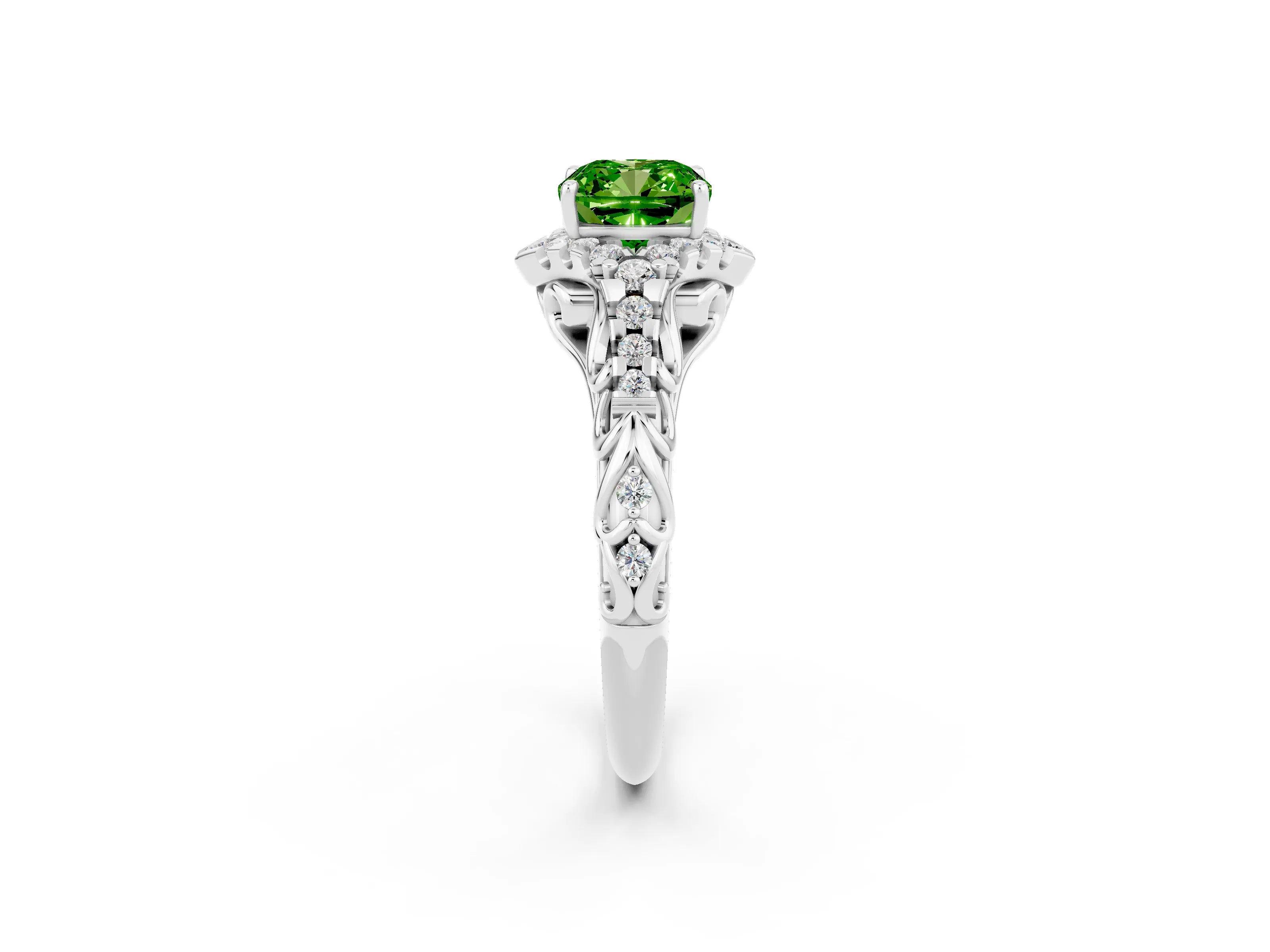 White gold Cushion Cut Peridot Solitaire Ring with Hidden Halo and Pavé Band_14