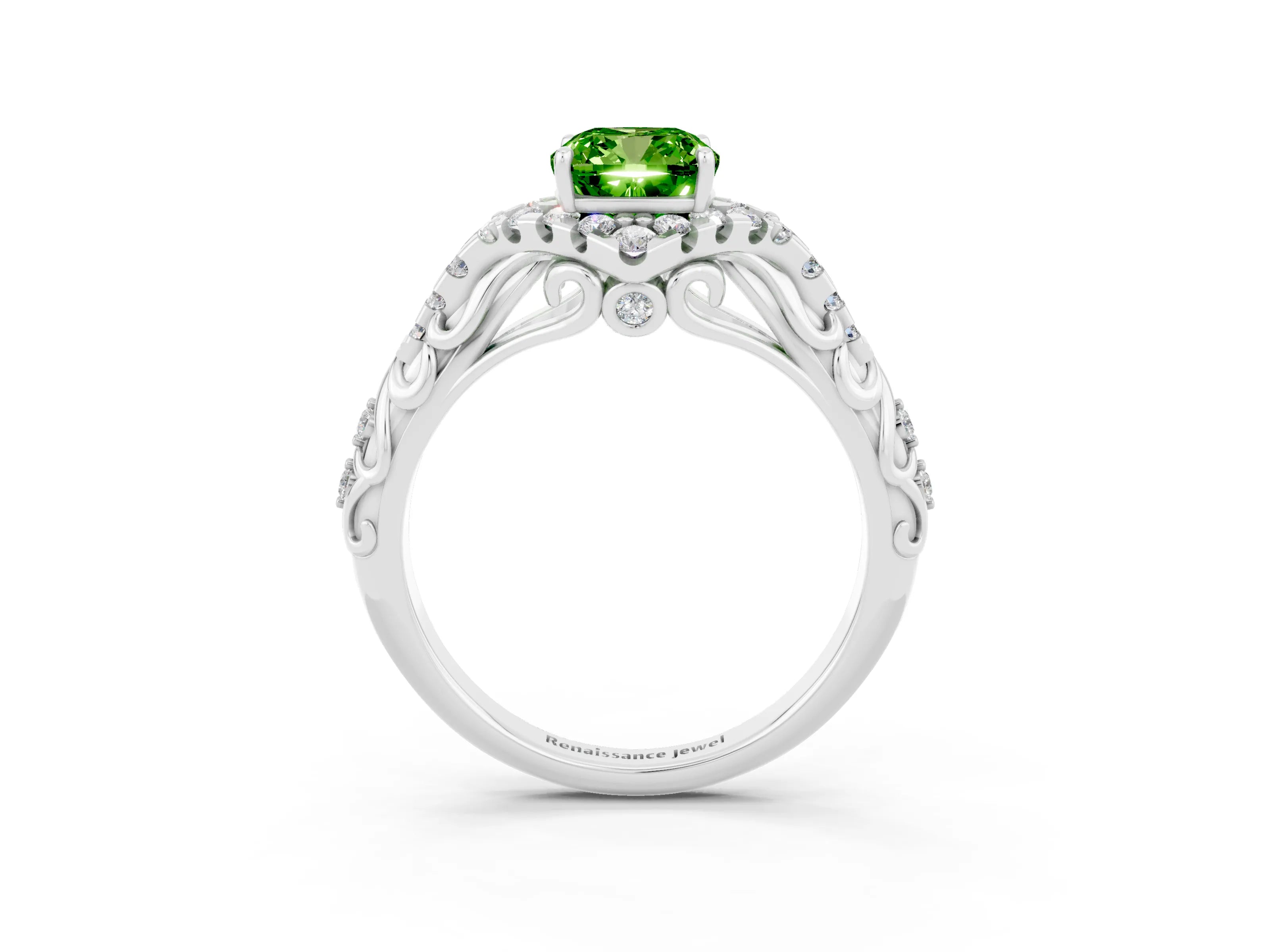 White gold Cushion Cut Peridot Solitaire Ring with Hidden Halo and Pavé Band_15