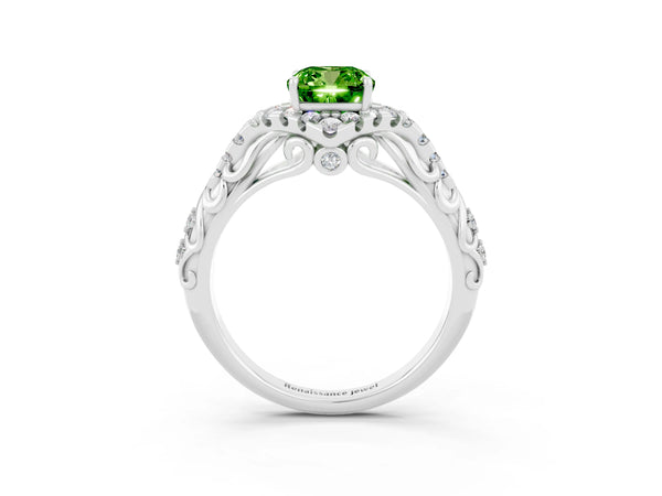 Silver Cushion Cut Peridot Solitaire Ring with Hidden Halo and Pavé Band