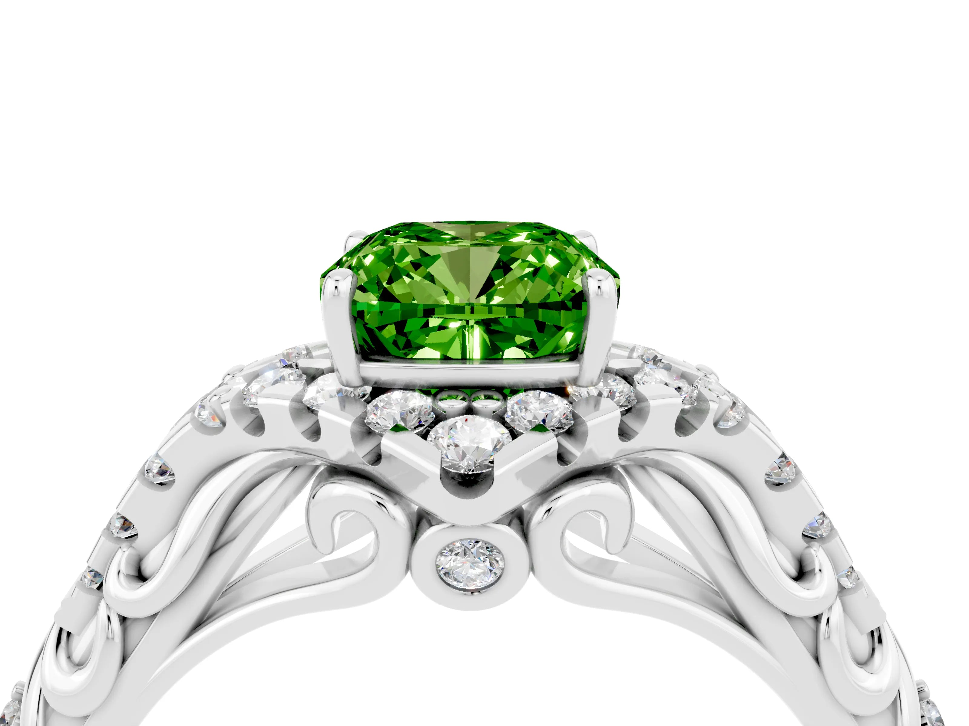 White gold Cushion Cut Peridot Solitaire Ring with Hidden Halo and Pavé Band_16