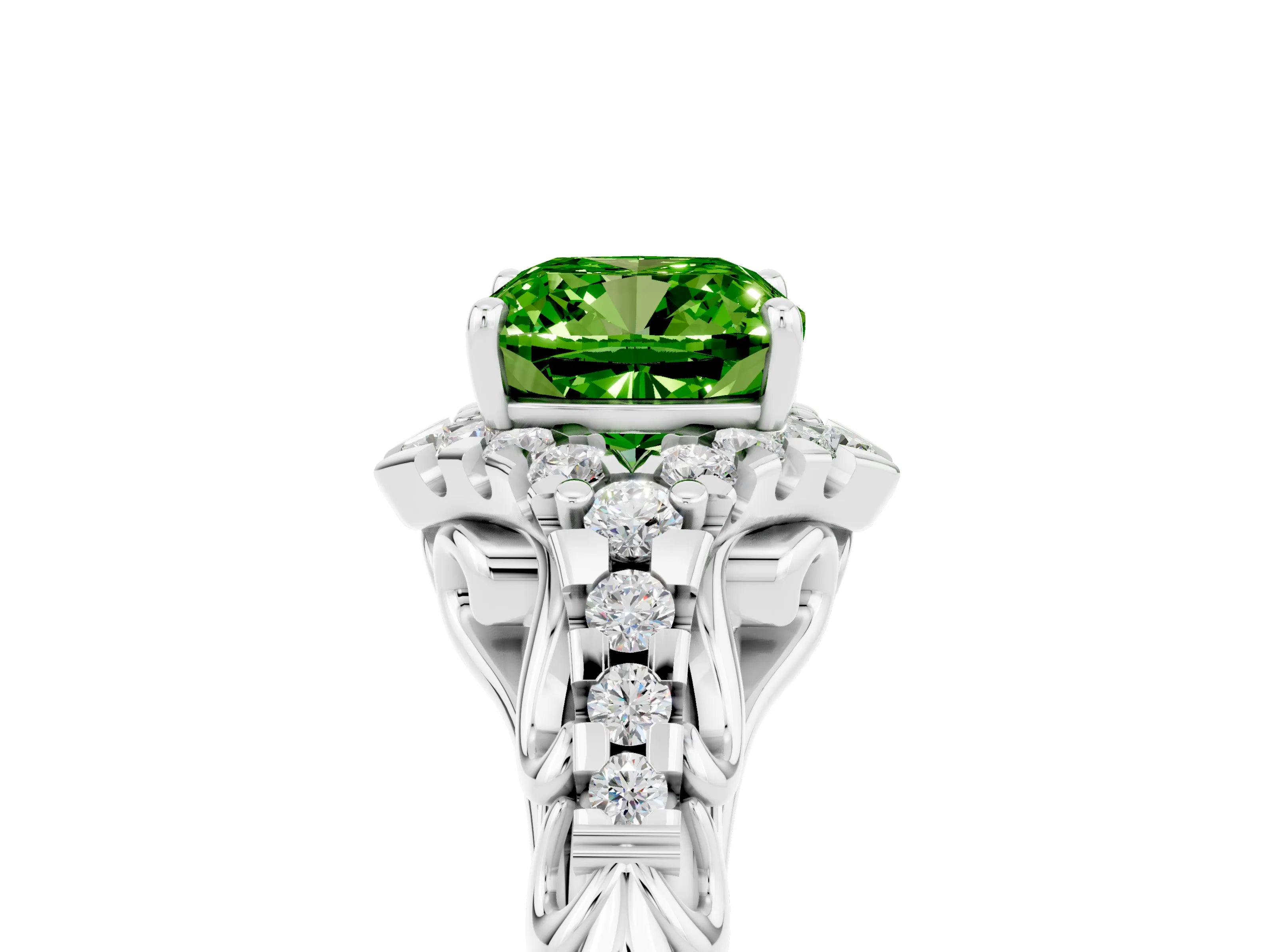 White gold Cushion Cut Peridot Solitaire Ring with Hidden Halo and Pavé Band_17