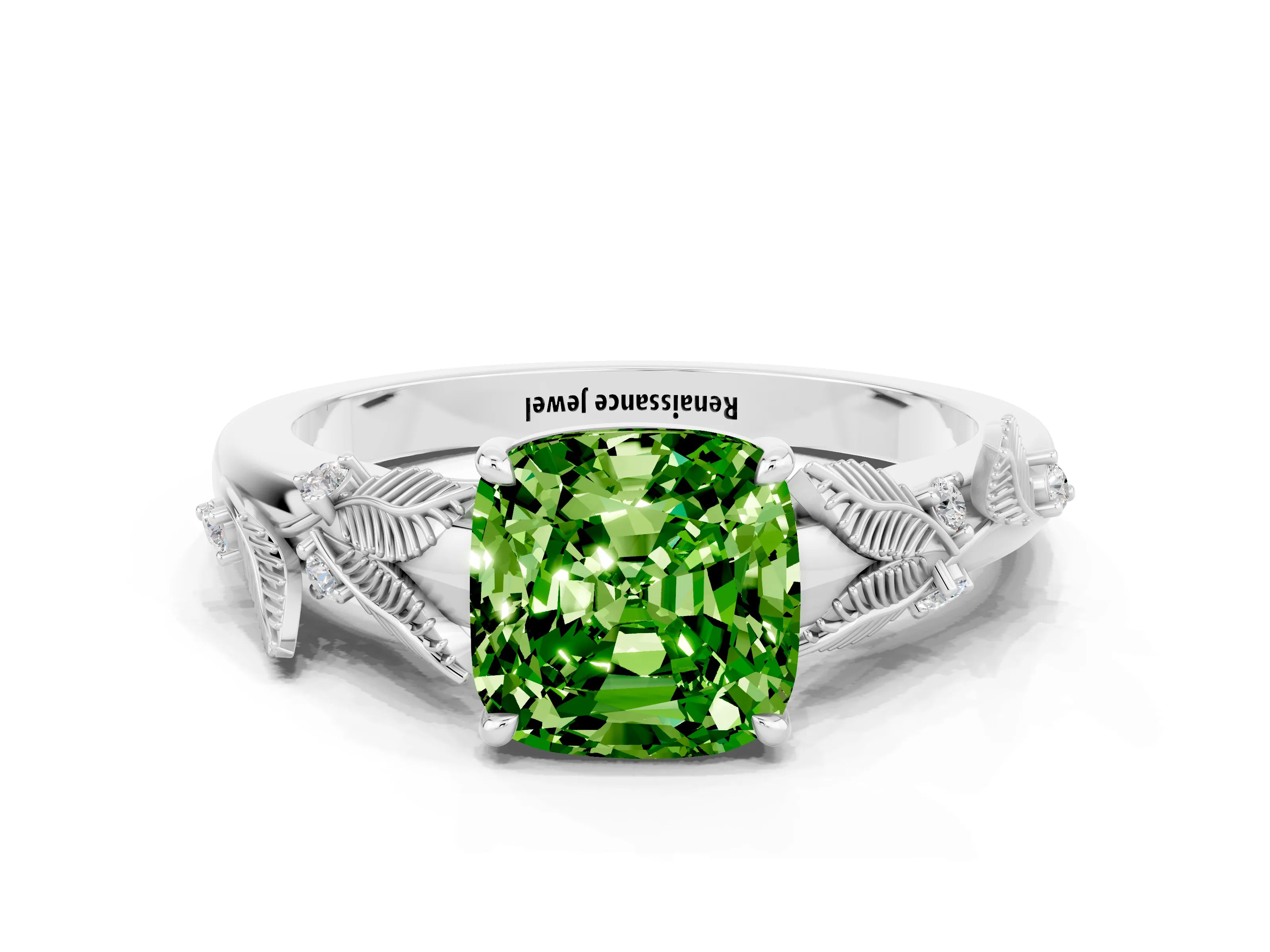 White gold Cushion Cut Peridot Solitaire Ring with Leaf Motif Band and Four-Prong Setting