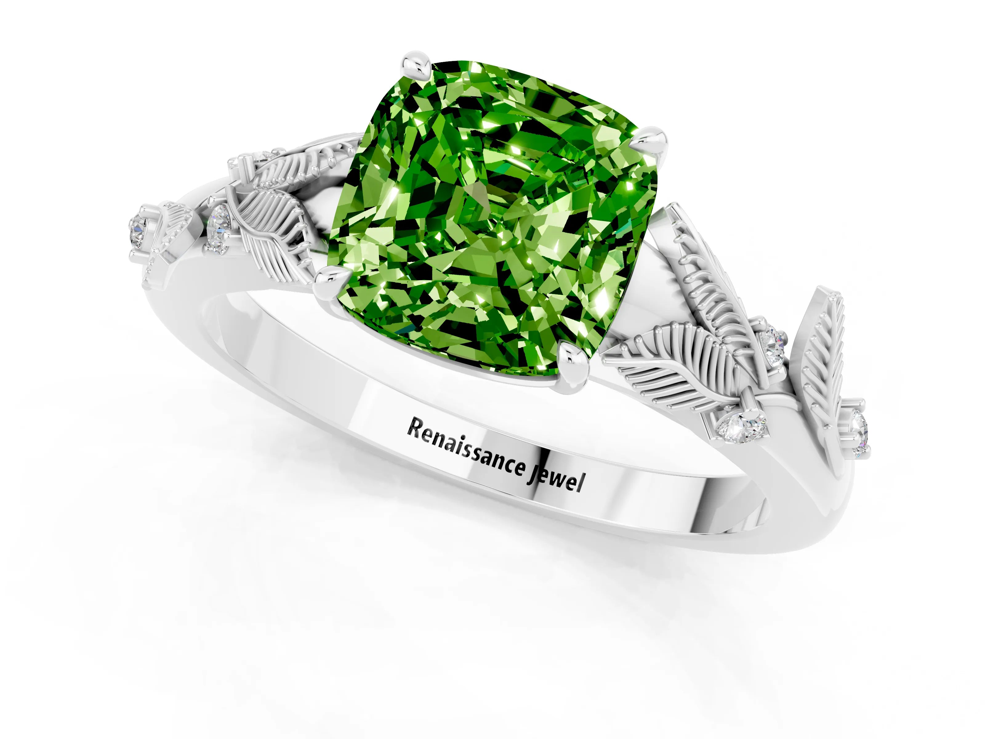White gold Cushion Cut Peridot Solitaire Ring with Leaf Motif Band and Four-Prong Setting_11