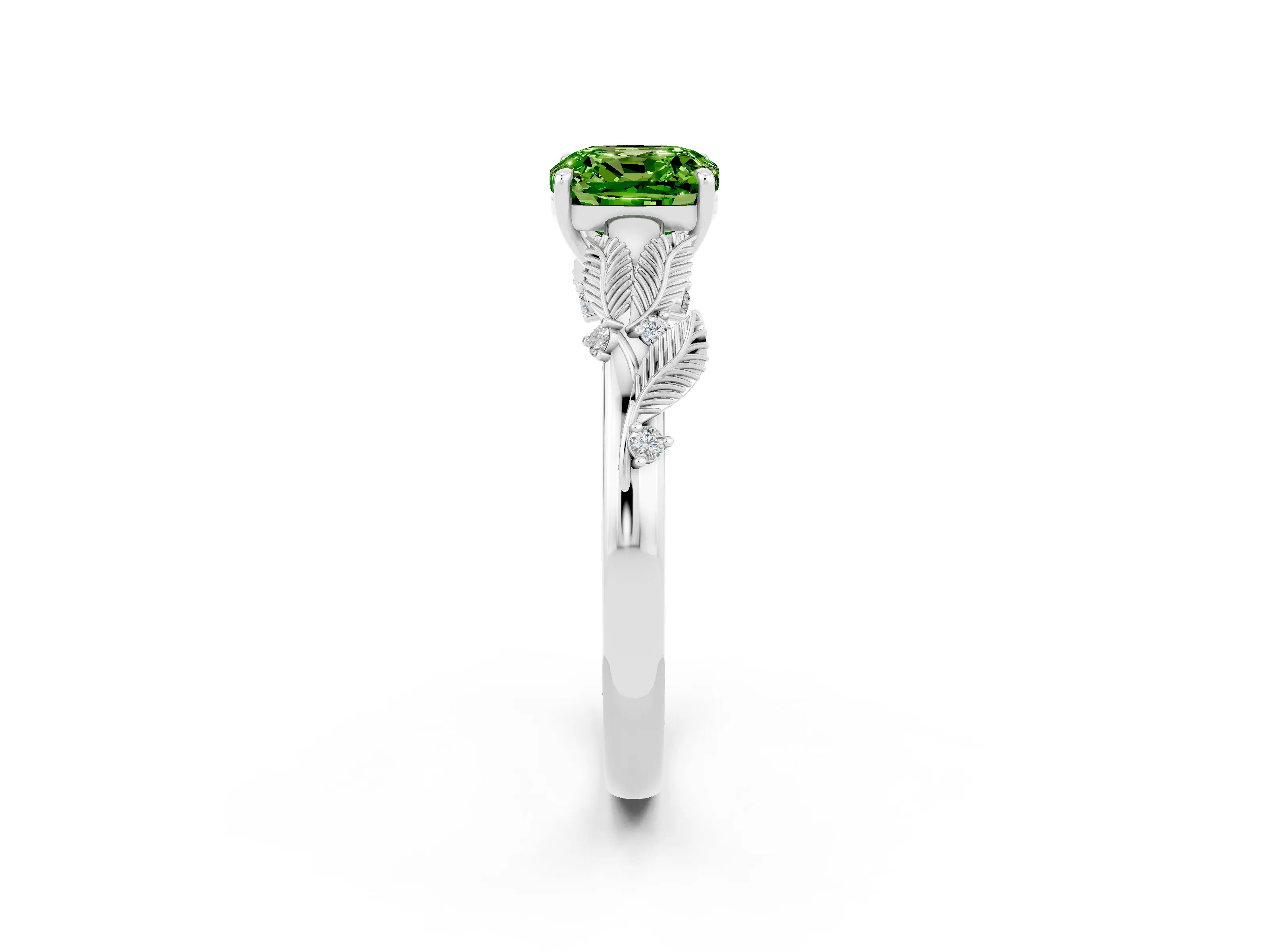 White gold Cushion Cut Peridot Solitaire Ring with Leaf Motif Band and Four-Prong Setting_12