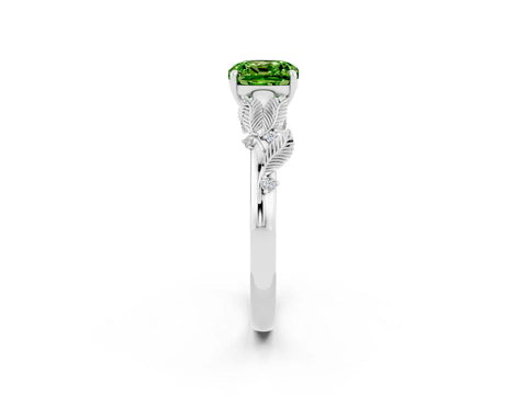 White gold Cushion Cut Peridot Solitaire Ring with Leaf Motif Band and Four-Prong Setting_12