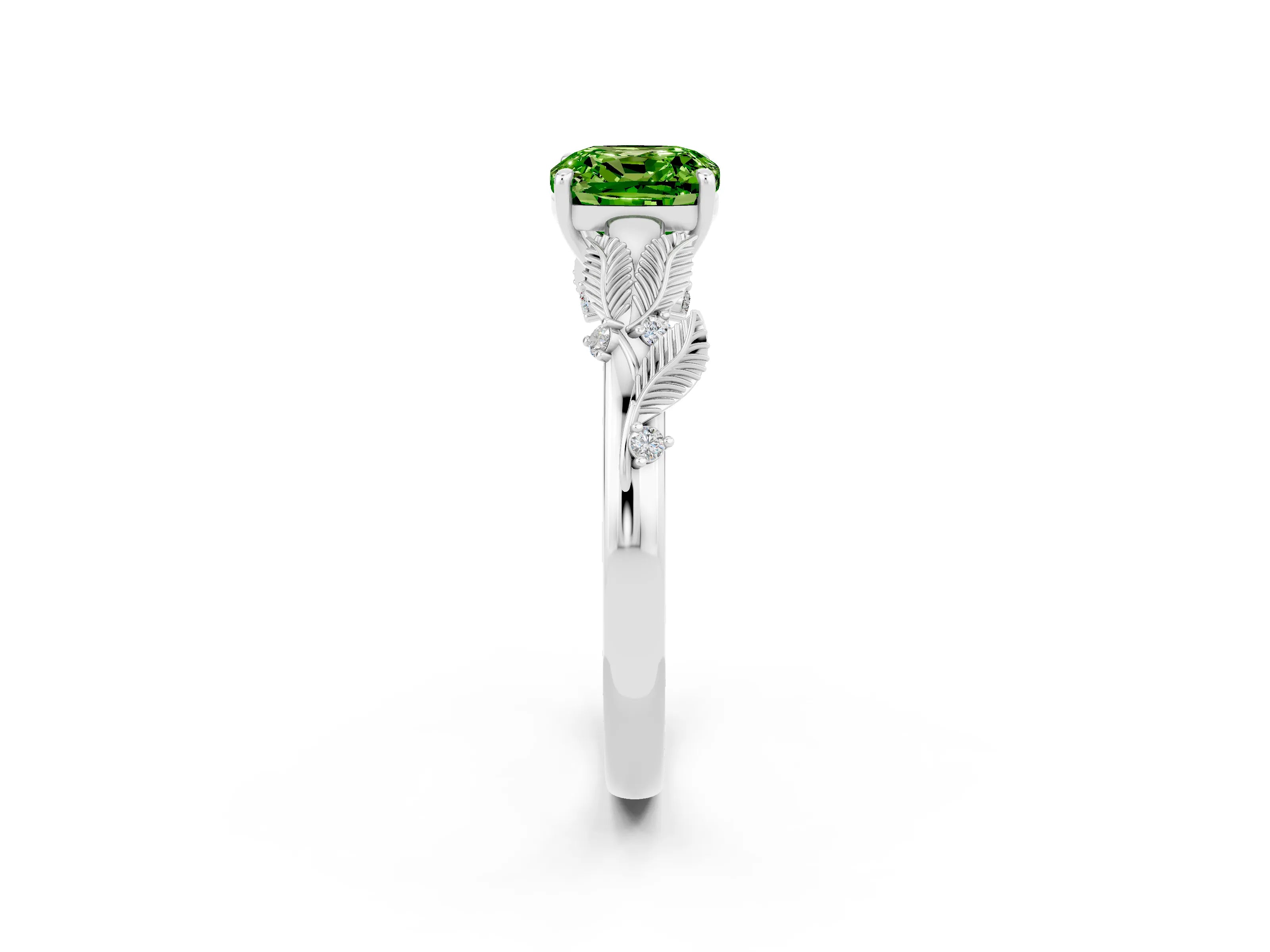 White gold Cushion Cut Peridot Solitaire Ring with Leaf Motif Band and Four-Prong Setting_14