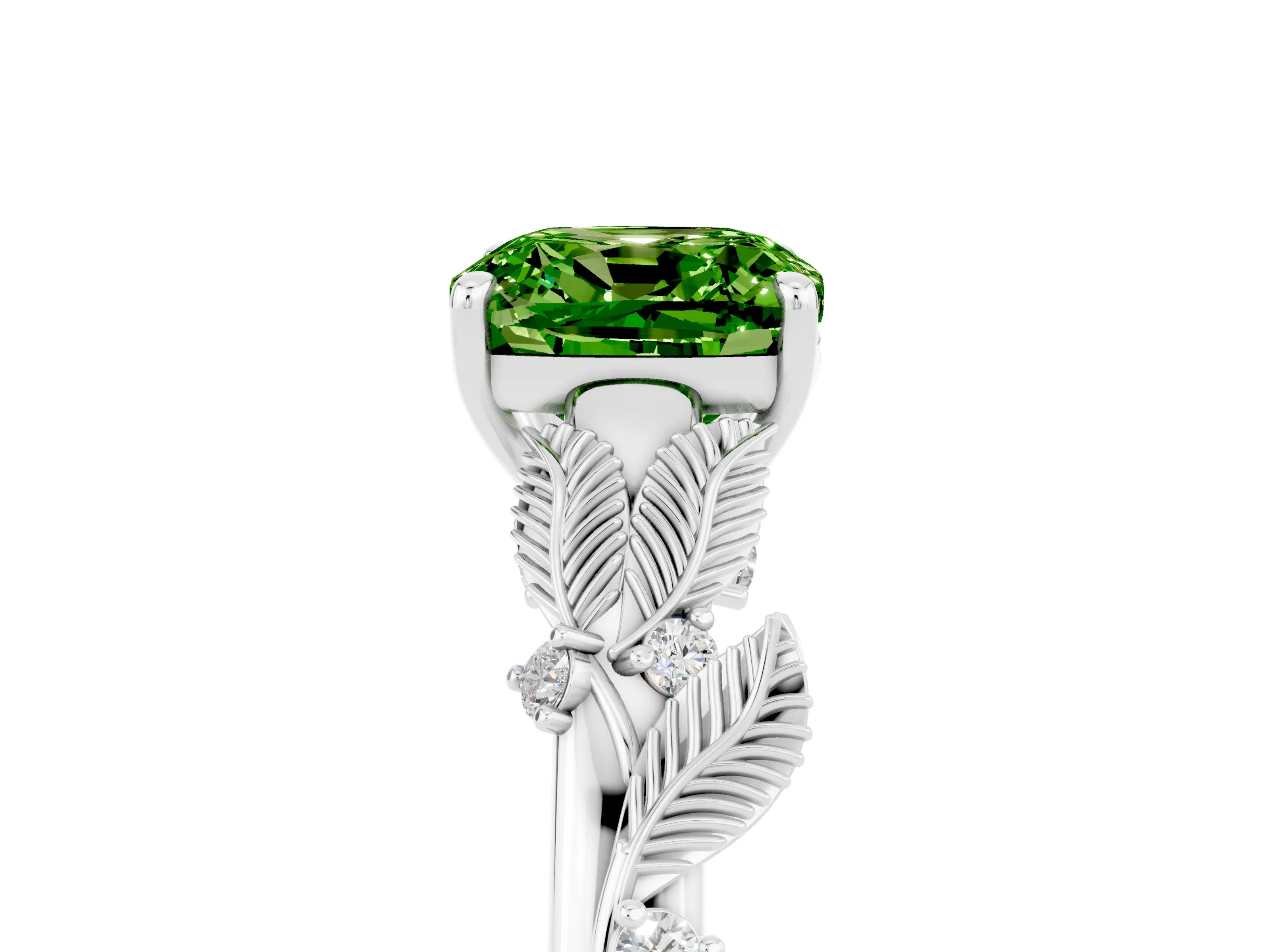 White gold Cushion Cut Peridot Solitaire Ring with Leaf Motif Band and Four-Prong Setting_15