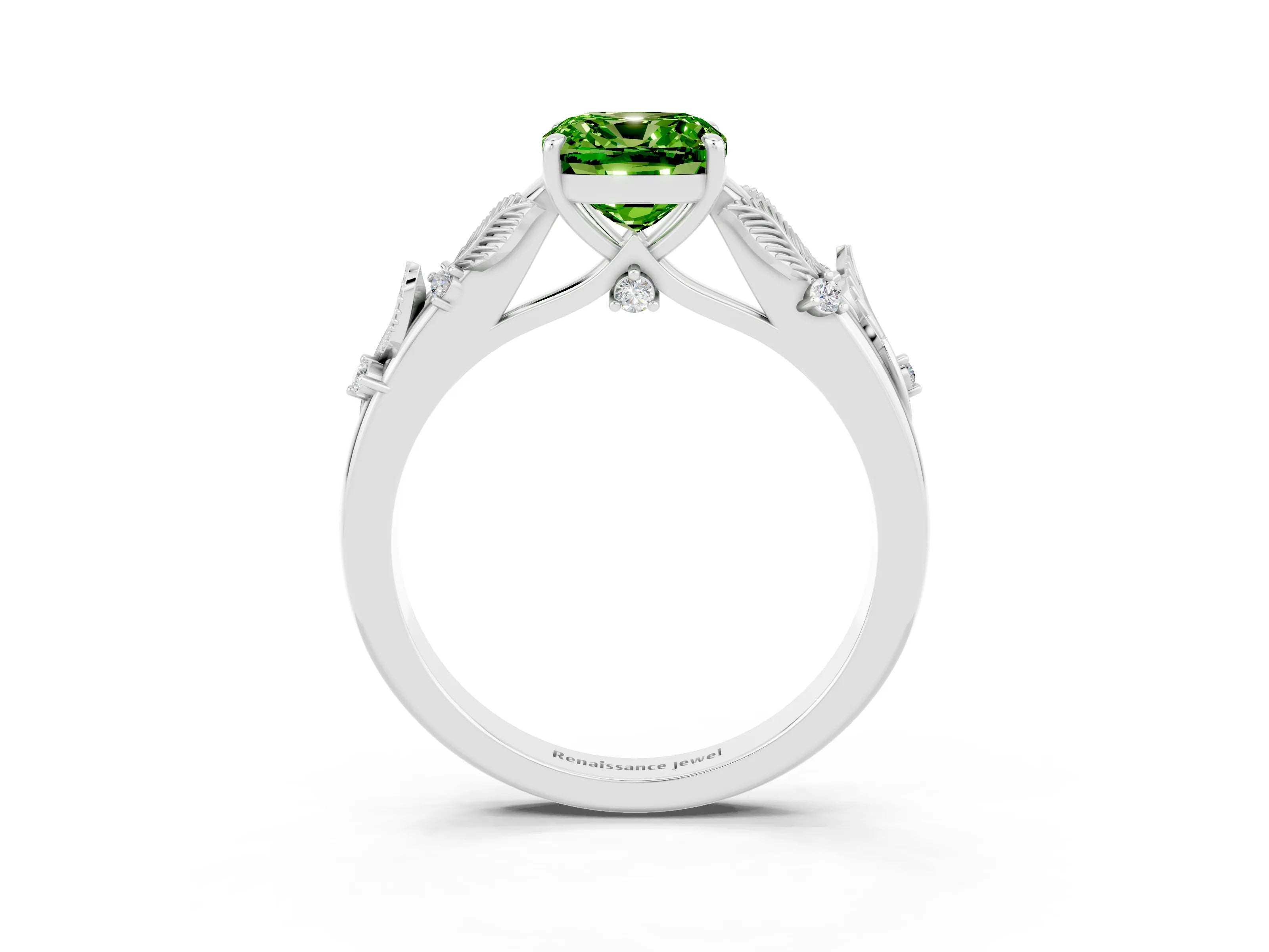 White gold Cushion Cut Peridot Solitaire Ring with Leaf Motif Band and Four-Prong Setting_15