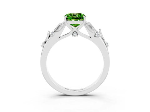 White gold Cushion Cut Peridot Solitaire Ring with Leaf Motif Band and Four-Prong Setting_15