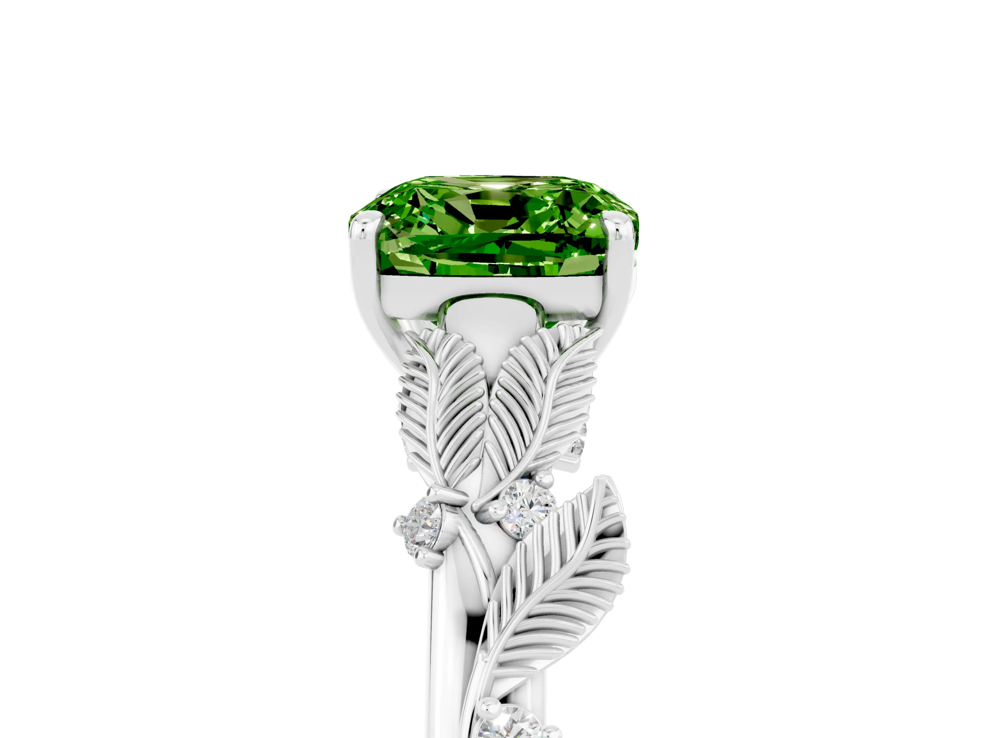 White gold Cushion Cut Peridot Solitaire Ring with Leaf Motif Band and Four-Prong Setting_17